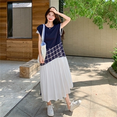 韩版学院风拼接腰封绑带连衣裙女2025夏季新款休闲减龄飞飞袖长裙，女装连衣裙，2C201