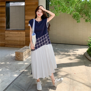 韩版学院风拼接腰封绑带连衣裙女2025夏季新款休闲减龄飞飞袖长裙图片