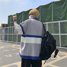 日系夏季新款POLO衫宽松短袖T恤男撞色拼接潮牌上衣PL087-P35，男装Polo衫，星座308B-1