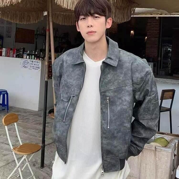 美式复古春秋PU皮夹克男设计感宽松短款飞行员外套痞帅机车服潮流,男装夹克,星座506A