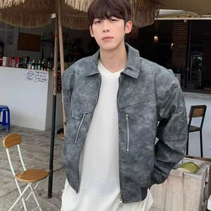 美式复古春秋PU皮夹克男设计感宽松短款飞行员外套痞帅机车服潮流图片