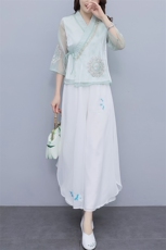 芷墨新款复古女装俩件套改良日常汉服套装超仙绣花中式上衣裤子女，女装套装/套裙，芷墨服饰