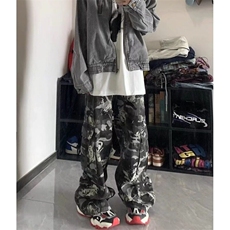 美式高街vibe复古玫瑰印花迷彩工装裤男女宽松直筒垂感阔腿休，男装休闲裤，星座218-1（原230）