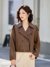 现货新款韩版通勤风大翻领双排扣短款宽松PU皮衣外套女，女装皮衣，韩蔻秀