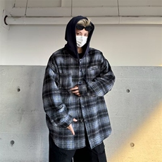 【有货】DC29-P55格子连帽长袖衬衫春秋季新款潮牌宽松呢料衬衣，男装衬衫，星座603-2