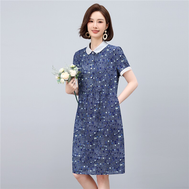 2025年夏季优雅气质碎花娃娃领时尚休闲碎花连衣裙,女装连衣裙,依恋蒂丝