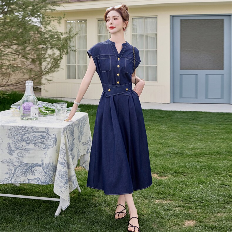 牛仔连衣裙女夏季薄款2025新款今年流行爆款长款高级感,女装连衣裙,韩蔻秀