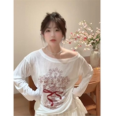 美式斜肩长袖t恤女春季新款涂鸦印花慵懒风防晒罩衫宽松薄款上衣，男装防晒衣，星座1210-1