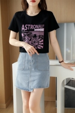 夏季丝光棉t恤女2024新款短款高支纯棉白色短袖绣花潮流烫钻百搭，女装T恤，元素羊绒