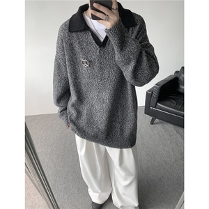 现货MY7153-特P65高密老钱风小翻领毛衣男女宽松polo领大码针织衫图片