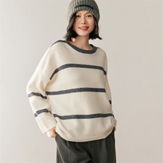 秋季新款撞色条纹圆领时尚百搭休闲风，女装针织衫/毛衣，鸥蕊娅羊绒