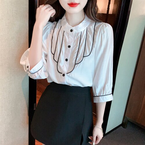 新款防晒衬衫洋气雪纺衫立领小衫气质七分袖打底衫，女装蕾丝衫/雪纺衫，美吧服饰