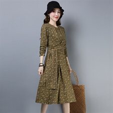 2021年春季新款棉麻抽绳修身显瘦印花连衣裙A字裙长袖中长款，女装连衣裙，独衣靓