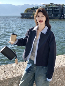 蓝色撞色衬衫领短款夹克外套女2026春秋新款韩系时髦减龄夹克显白图片