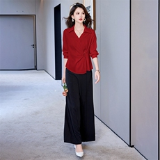 2024秋年法式通勤洋气V领修身衬衣气质垂感直筒百搭阔腿裤两件套，女装套装/套裙，火爆靓佳人