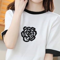 德国进口美丽诺精纺扬子纱山茶花圆领短袖套头衫，女装针织衫/毛衣，萱芳婷羊绒