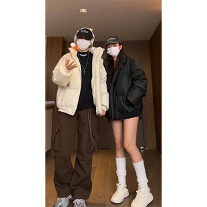 现货冬季三防重磅硬挺boxy短款羽绒刺绣立领PU皮棉衣外套加厚棉服图片