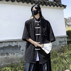 新中式风盘扣衬衫男夏季衬衣宽松中山装短袖休闲外套12799-p42，男装衬衫，星座1008