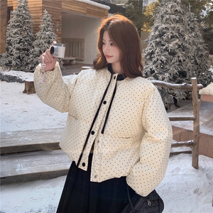 新款现货 千金风波点韩系休闲短款丝绒领带羽绒服外套图片