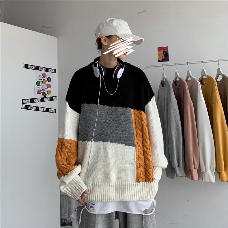 秋冬韩版慵懒风拼接情侣毛衣宽松潮流套头ins个性针织衫T812-P75,男装针织衫/毛衣,星座1501
