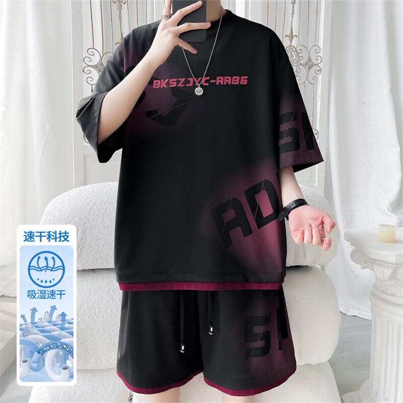 2025夏季新款旋律风车大码假两件冰丝套装M-5XHQ25443-P65,男装休闲套装,电商A022
