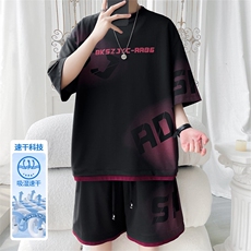 2025夏季新款旋律风车大码假两件冰丝套装M-5XHQ25443-P65，男装休闲套装，电商A022