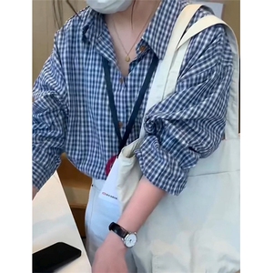 蓝色格子条纹长袖衬衫男女春秋衬衣小个子外搭法式复古外套 C888图片
