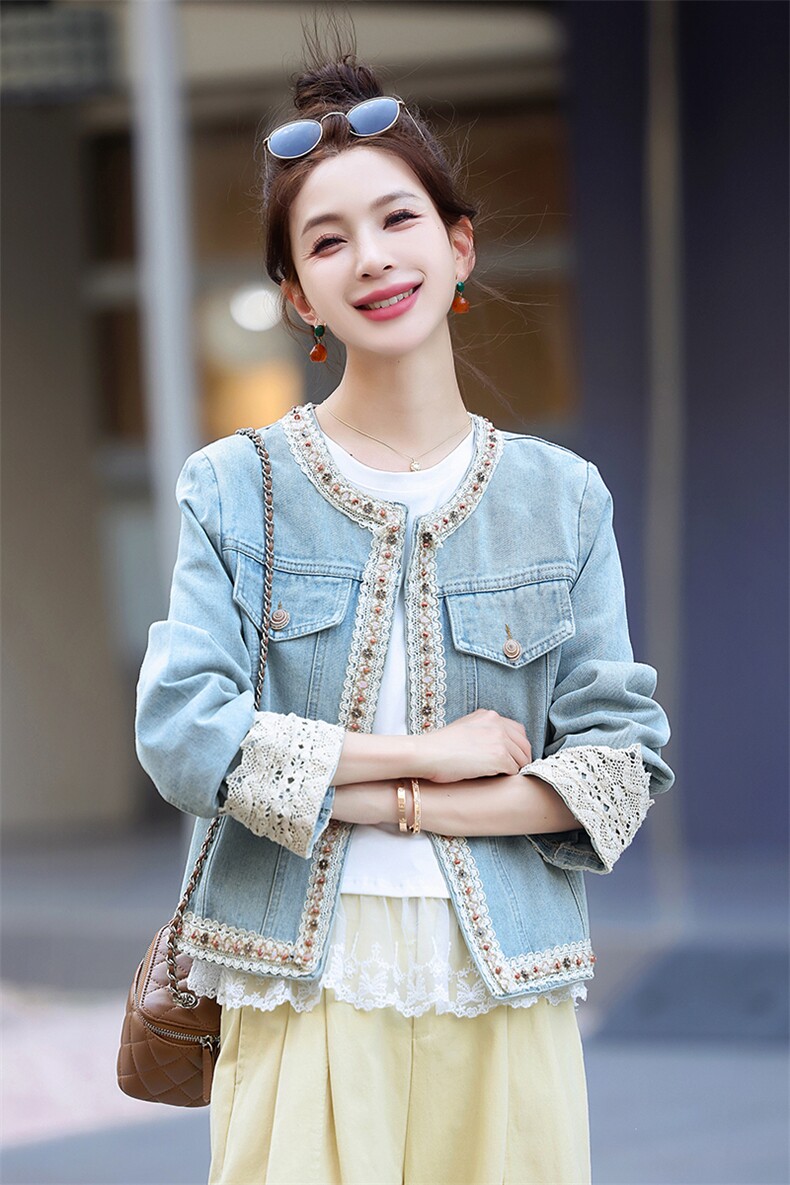 重工轻奢蕾丝拼接短款牛仔外套女2026春秋新款小香风名媛减龄百搭,女装牛仔外套,星宇服饰