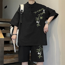 风夏男套装盘扣T恤五分短裤熊猫竹刺绣新中式套装TZ16P65，男装牛仔裤，星座1013-1