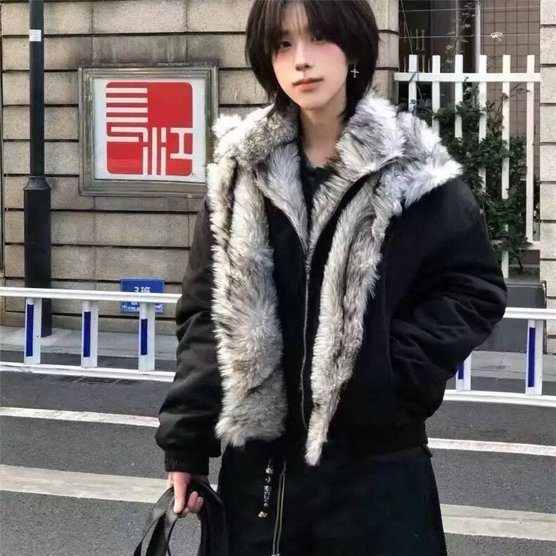 美式复古短款毛领座山雕外套男款冬季cleanfit解构连帽厚夹克棉服图片