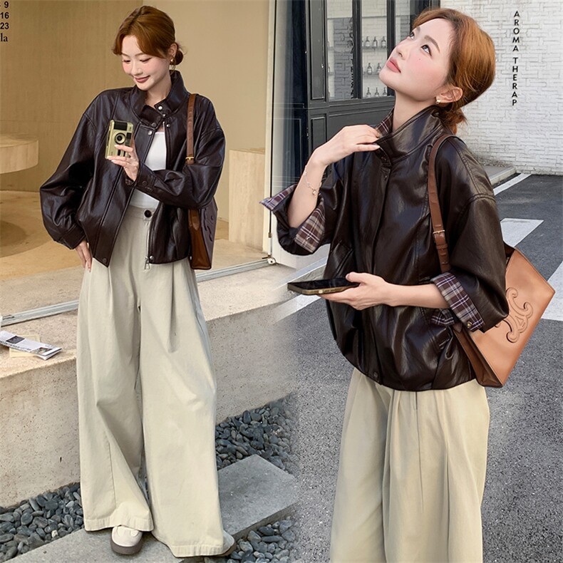 咖色格子拼接皮衣外套女秋季2025新款韩版宽松显瘦夹克上衣图片