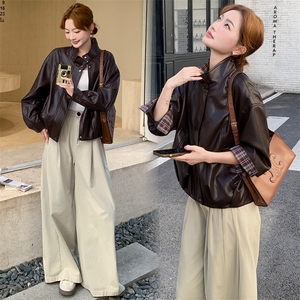 咖色格子拼接皮衣外套女秋季2025新款韩版宽松显瘦夹克上衣图片