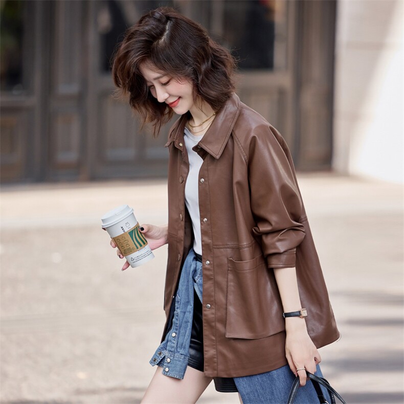 现货秋季女装新款韩版休闲皮衣风衣外套P125-K185，女装皮衣，简古