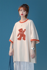 中性 夏季撞色小熊印花全棉宽松情侣短袖圆领T恤 T254 P35控48图片