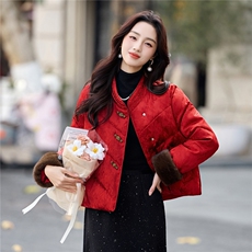 新中式guo风2025年冬季新年主推款可拆卸袖毛暗纹提花气质棉衣，女装棉衣/棉服，乐吉娜