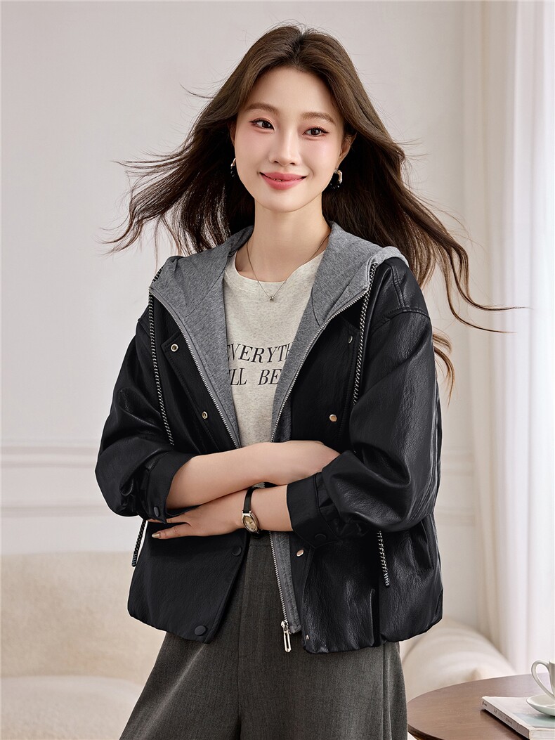 B款海宁皮衣女款B款2026年新款洋气休闲宽松春秋连帽皮夹克外套,女装皮衣,潮流依族