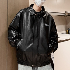 贴标男士皮夹克春季翻领休闲皮衣外套宽松机车男A266-PY006-P80，男装皮衣，电商A266