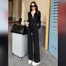 韩版休闲时尚运动套装女春季新拉链刺绣翻领卫衣阔腿裤两件套减龄，女装套装/套裙，江南
