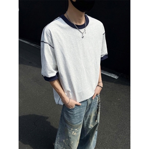 300克得物潮牌重磅纯棉宽松撞色结构感光板短袖T恤男RH5015-特P32图片
