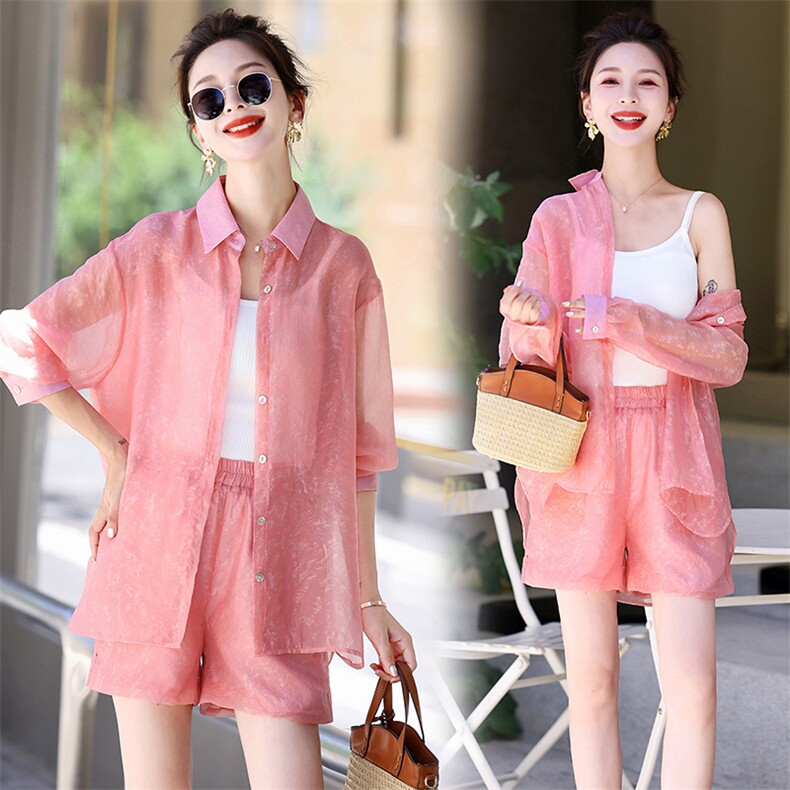 夏季新款天丝防晒衬衫短裤背心三件套时尚减龄2025夏装穿搭一整套，女装套装/套裙，衣之秀