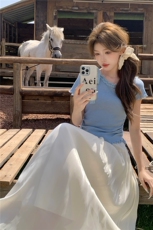韩版甜美蕾丝拼接系带上衣套装女2025夏季新款度假风半身裙两件套，女装套装/套裙，2C353