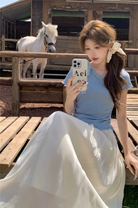 韩版甜美蕾丝拼接系带上衣套装女2025夏季新款度假风半身裙两件套图片
