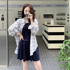 韩系慵懒风格子长袖衬衣背心短裤三件套女夏季新款宽松休闲上衣，女装套装/套裙，2D148