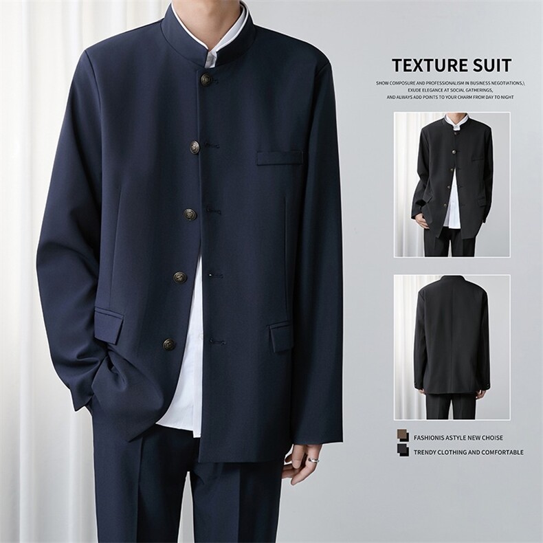 新中式中山装西服套装男士春秋高级感风立领垫肩西装唐装外套，男装西服套装，星座601-1