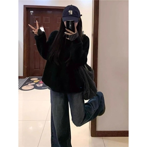 一整套穿搭韩系复古黑色V领套头针织衫毛衣女学生+蓝色格纹衬衫潮图片
