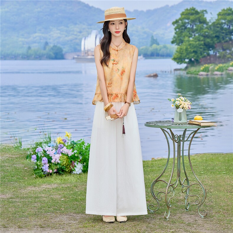 现货2026年夏季新中式人丝上衣麻料阔腿裤子，可分开卖,女装套装/套裙,伊仟回