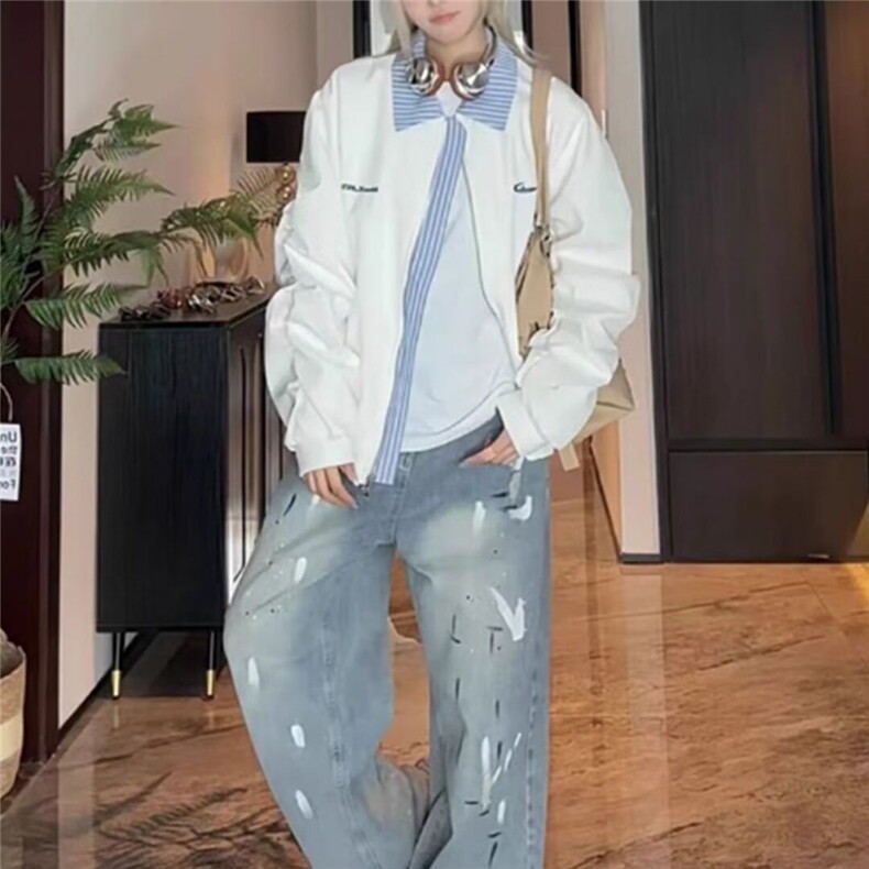 美式复古学院风刺绣假两件翻领棒球服春秋男女设计感情侣夹克外套,男装夹克,四季星座505