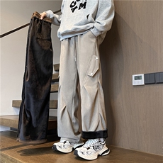 GENIOLAMODE美式复古加绒工装裤男士秋季直筒宽松垂感阔腿休闲裤，男装休闲裤，电商A061