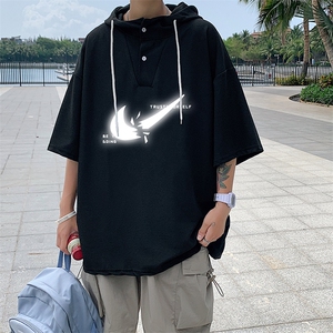 LD54111-P45 连帽短袖t恤男大码胖子带帽五分袖中袖图片