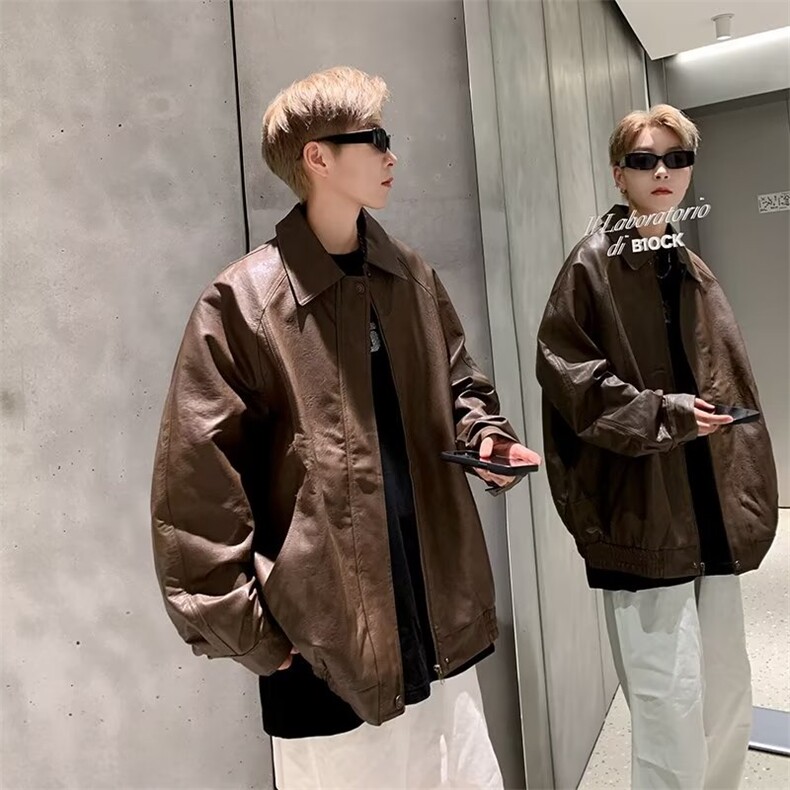 皮衣外套男款秋季美式高级感痞帅潮牌翻领宽松pu皮拼接机车服夹克，男装皮衣，星座506A